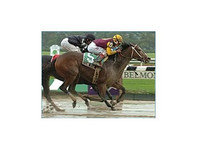 Feline Story (5), ridden by Edgar Prado, captures the Floral Park Stakes at Belmont Park.
