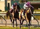 Dubawi Heights surges to the lead in the Yellow Ribbon Stakes at Santa Anita.