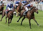 Again (blue and orange silks) holds off Shimah to win the Moyglare Stud Stakes (Ire-I) Aug. 31 at Leopardstown.