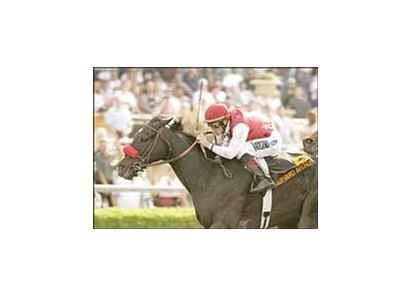 Harvard Avenue and jockey Garrett Gomez come from behind to win the Potrero Grande Breeders' Cup Handicap, Sunday at Santa Anita.