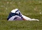 Jockey John Velazquez lies on the turf Thursday at Keeneland after the horse he was riding broke down and fell after winning the Forerunner Stakes.
