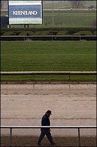 Consignor Kip Elser inspected the condition of the track at Keeneland Monday.