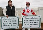 Jockey Julien Leparoux (right) and trainer Mike Maker celebrate Ken & Sarah Ramsey's record 16th win of the Fall meet, and Mike Maker's training record for the meet.