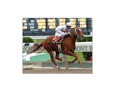 Lady Tak, ridden by jockey John R. Velazquez, captures the Gallant Bloom Stakes, Sunday at Belmont Park.