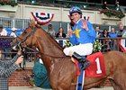 Ramon Dominguez celebrates win number 6 at Belmont Park on June 5, 2011.