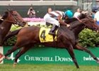 Duveen, with Mark Guidry up, wins the Crown Royal American Turf.<br><a target="blank" href="http://www.bloodhorse.com/horse-racing/photo-store?ref=http%3A%2F%2Fpictopia.com%2Fperl%2Fgal%3Fprovider_id%3D368%26ptp_photo_id%3D1125891%26ref%3Dstory">Order This Photo</a>
