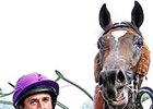 Ryan Moore with Aloft after winning the Queen's Vase Stakes.