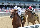 Speightster leads the way to victory in the Dwyer Stakes.<br><a target="blank" href="http://photos.bloodhorse.com/AtTheRaces-1/At-the-Races-2015/i-kFHnZWr">Order This Photo</a>