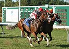 Strict Compliance (left) outfights Isabella Sings to win the Boiling Springs Stakes.