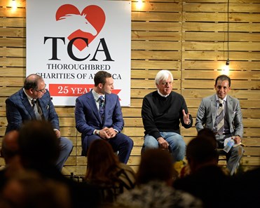 Caption: Team American Pharaoh talking American Pharaoh at TCA panel at Fasig-Tipton near Lexington on Oct. 27, 2015.
-r, Mike Penna, emcee, Ahmed Zayat, Justin Zayat, Bob Baffert, and Victor Espinoza