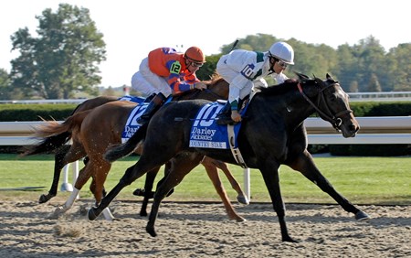Country Star (#10) with Rafael Bejarano up wins the Darley Alcibiades (gr. I) at Keeneland on Octtober 5, 2007, in Lexington, KY. A to the Croft, (#12), was second with Grace Anatomy in third.