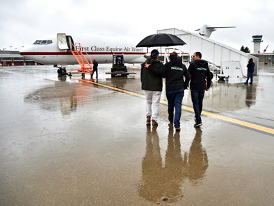 ( October 27, 2015) L-R Breeders' Cup President/CEO Craig Fravel, Ahmed and Justin Zayat, owners of Triple Crown winner American Pharoah, greet Pharoahs flight Tuesday afternoon at Bluegrass Airport in Lexington...
© Rick Samuels/The Blood-Horse