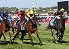 Delectation (left) comes home strong to win the Darley Classic.