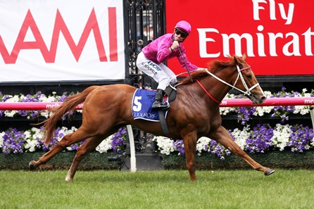 Japonisme is crowned the victor in the Coolmore Stud Stakes at Flemington Racecourse in Australia.