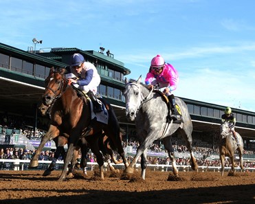 Falling Sky battles down the stretch to win the Lafayette Stakes at Keeneland.