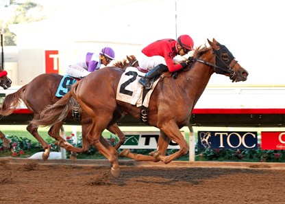 Irvin Racing Stable's Smokey Image #2 and jockey Juan Hernandez outleg Found Money to win the $200,000 Golden State Juvenile at Del Mar.