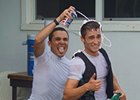 Jockey Chad Lindsay is "congratulated" for his first win.