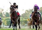 Flamboyant (left) catches Obviously to win the San Gabriel Stakes.