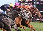Chautauqua (outside) comes running late to win the Black Caviar Lightning Stakes.