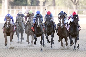 Upstart overpowers the rest of the field in the Razorback Handicap (gr. III) at Oaklawn Park.