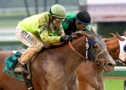 Tarabilla Farms' Home Run Kitten and jockey Joseph Talamo outside, overpower Little Curlin (Martin Pedroza), inside, to win the Grade III, $100,000 American Stakes, Friday, May 6, 2016 at Santa Anita Park, Arcadia CA.