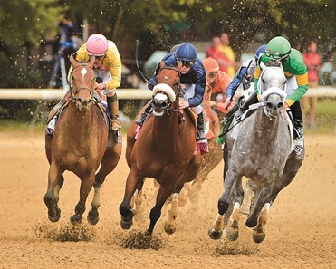 Taris (center, blue cap) turns for the finish line the The Humana Distaff (gr. I) with Lavien Prat aboard.