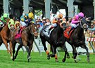 Ben's Cat (center) wins the Jim McKay Turf Sprint at Pimlico Race Course