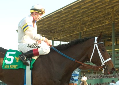 Jockey Russell Baze guides Sierra Sunset to the winner's circle after a victory in the $125,000 California Cup Juvenile Nov. 3, 2007.