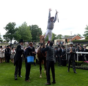 Frankie Dettori's famous flying dismount after winning aboard Galileo Gold at Royal Ascot June 14, 2016.