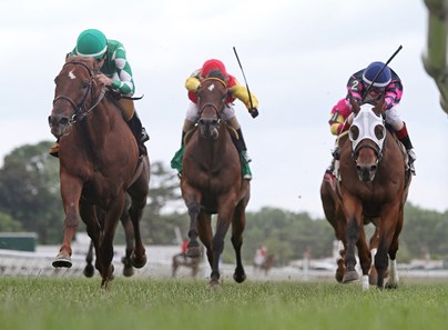 Middleburg, #6 with Joe Bravo riding, won the $100,000 Red Bank Stakes at Monmouth Park in Oceanport, New Jersey on Sunday, June 5, 2016. Second was #7 Vyjack with Chris Decarlo riding.