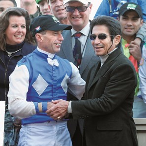 Russell Baze with Laffit Pincay Jr. after winning his 9,531st race, in the fourth race on Butterfly Belle at Bay Meadows Racetrack. The Dec. 1, 2006, win would break Pincay's record for career wins.