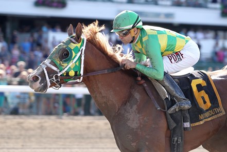 Donegal Moon, #6 with Joe Bravo riding, won the $150,000 Grade III betfair.com Pegasus Stakes at Monmouth Park in Oceanport, New Jersey on Sunday June 19, 2016.