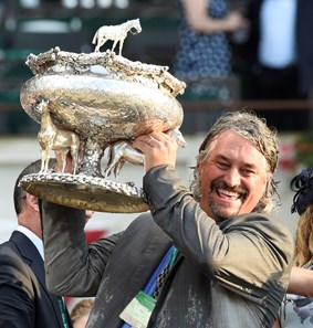 Creator's trainer Steve Asmussen is all smiles after winning the 148th running of the Belmont Stakes. Photo by Skip Dickstein