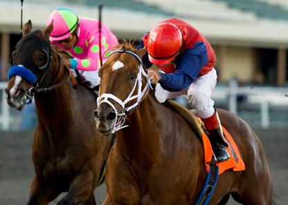 Smiling Tiger and jockey Russell Baze (right) outrun E Z'S Gentleman, with Martin Garcia (left) to win the $250,000 Ancient Title Stakes Sept. 9, 2010, at Oak Tree at Hollywood Park.