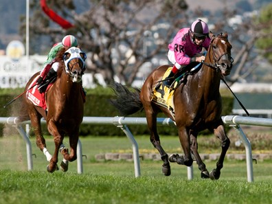 Alert Bay, with Russell Baze up, wins the Rolling Green Stakes at Golden Gate Fields Sept. 7, 2015.
