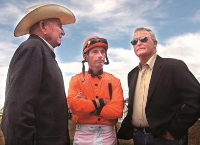 Owner Harry Aleo, jockey Russell Baze, and trainer Greg Gilchrist talk strategy for Lost in the Fog's Bay Meadows Speed Handicap at Bay Meadows Racetrack Oct. 1, 2005.