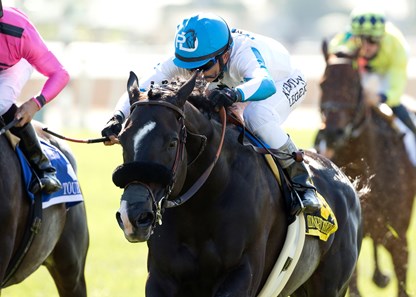 Midnight Storm and jockey Rafael Bejarano win the Grade I, Shoemaker Mile, Saturday, June 4, 2016 at Santa Anita.