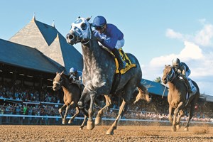 Frosted with jockey Joel Rosario wins the 89th running of the Whitney Saturday August 6, 2016 at the Saratoga Race Course in Saratoga Springs, N.Y. . Photo by Skip Dickstein