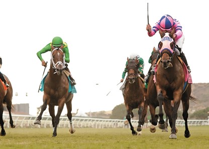 Ashleyluvssugar and jockey Gary Stevens, right, win the Grade II, $250,000 Del Mar Handicap, Saturday, August 20, 2016 at Del Mar Thoroughbred Club, Del Mar CA.
© BENOIT PHOTO