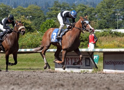 Snuggles winning the British Columbia Dogwood H. at Hasting's racecourse on August 1st, 2016