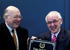 Michael Veitch, right, seen accepting the Hall of Fame plaque for Tom Ochiltree, is among the three selected this year to the Joe Hirsch Media Honor Roll