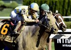 Sweet Loretta (#1) and Pretty City Dancer (#6) dead heat in the 2016 Spinaway Stakes.