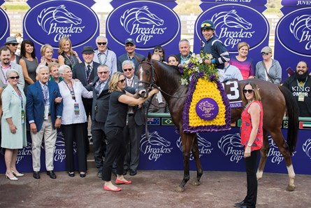 Oscar Performance, with Jose Ortiz up, wins the Juvenile Turf (gr. IT) at Santa Anita on Nov. 4 in Arcadia, Calif.