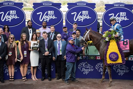 Connections of Tamarkuz, with Mike Smith up, after winning the Las Vegas Dirt Mile at Santa Anita on Nov. 4, 2016, in Arcadia, California.