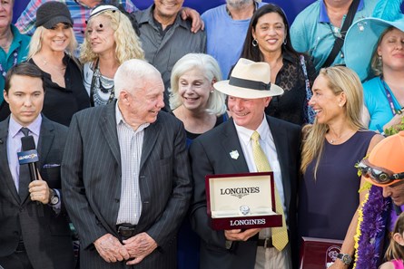 Connections of Beholder in the winner's circle after winning the Longines Distaff (gr. I) at Santa Anita on Nov. 4, 2016, in Arcadia, California.