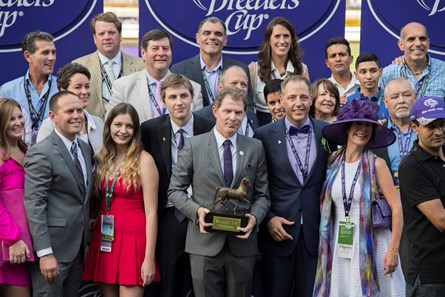 The connections of New Money Honey were all smiles after winning the Juvenile Fillies Turf (gr. IT) at Santa Anita on Nov. 4, 2016, in Arcadia, Calif.