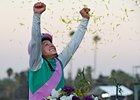 Jockey Mike Smith celebrates on Arrogate after the victory in the Breeders' Cup Classic at Santa Anita Park Nov. 5
