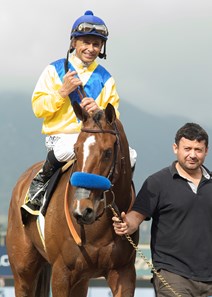 Jockey Mike Smith guides Vale Dori to the winner's circle after their victory in the Grade II, $200,000 Santa Maria Stakes, Saturday, February 11, 2017 at Santa Anita Park, Arcadia CA.