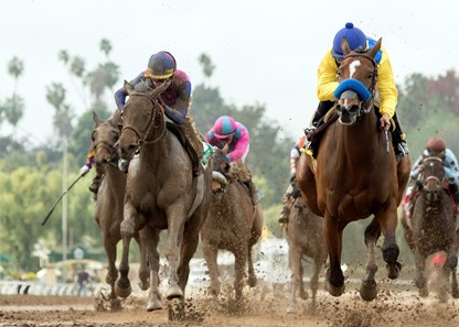 Vale Dori and jockey Mike Smith, right, outleg Show Stealer (Tyler Baze), left, to win the Grade II, $200,000 Santa Maria Stakes, Saturday, February 11, 2017 at Santa Anita Park, Arcadia CA.