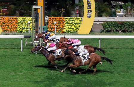 Blocker Dee (No. 8) and Sea Jade (No. 12), with Karis Teetan and Joao Moreira in the saddle respectively, land a dead-heat victory in the 2017 Happy Valley Trophy